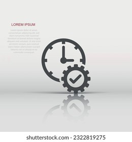 Marque el icono del reloj en estilo plano. Engranaje con ilustración del vector de tiempo sobre fondo aislado blanco. Concepto de negocio de producción.