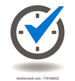 Check Mark On Clock Icon Vector. Real Best Time Protection Management Illustration. Stopwatch Logo. Compliance Symbol.