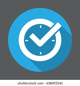 Check mark on clock, real time protection flat icon. Round colorful button, circular vector sign with long shadow effect. Flat style design