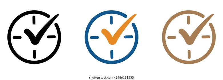 Check mark on clock vector icons. Real time protection vector signs set