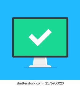 Check mark on computer screen. Desktop PC and tick. Vector illustration