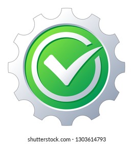 Check mark on gear background. Professional work. Technical guarantee. Vector sign and illustration.