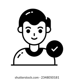 Check Mark on human avatar, well designed icon of authorized user, selected candidate, verified user