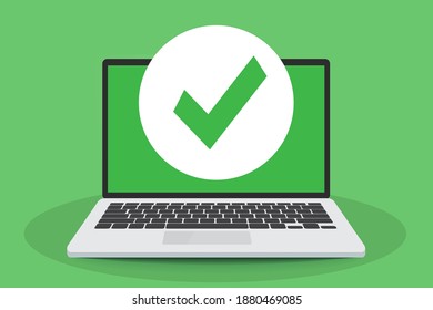 Check mark on laptop screen. bubble notification. Confirmation notification icon on open display, flat illustration.  Confirmed choice. Vector illustration.