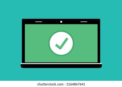 Check mark on laptop screen. Success tick icon or confirmation notification on open tablet laptop display, portable pc computer checkmark icon flat illustration.