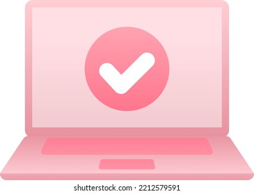Markieren Sie auf dem Bildschirm des Notebooks. Tippen Sie auf dem Display des Tablet-Notebooks auf das Symbol oder die Bestätigungsmeldung. rosafarbener tragbarer PC-Computer mit Markierungssymbol.