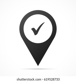 Check mark on map pin. Location pointer isolated on a white background.
Conceptual vector illustration.