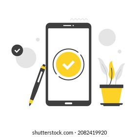 Check mark on mobile phone screen. Flat vector illustration. Smartphone, pen and tick button. Modern concepts. Flat design