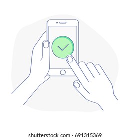 Marque a marca na tela do celular. Telefone de mão segurando. Dedo na tela do dispositivo móvel. Aprovar, Concluído ou Sucesso. Ilustração vetorial Isolada na moda.