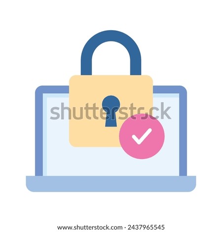 Check mark on padlock with laptop denoting verified security flat icon