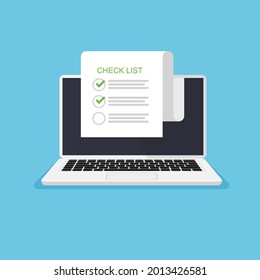 Check mark on the pages on laptop monitor. To do list concept. Vector illustration in trendy flat style. Front view.