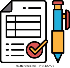 A check mark is on a piece of paper with a pen next to it. Concept of completing a task or checking something off a list
