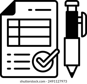 A check mark is on a piece of paper with a pen next to it. Concept of completing a task or checking something off a list