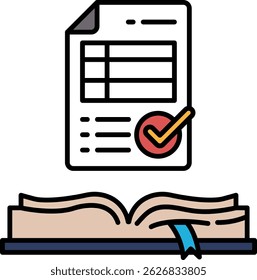 A check mark is on a piece of paper with a list of items. The paper is open to a page with a book