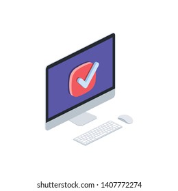 Check mark on screen computer interface isometric illustrate 3d vector icon. Creative design idea.