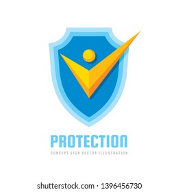 Check mark on shield logo design. Stylized human silhouette sign. Certified badge. 