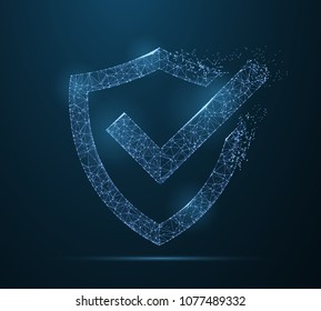 Check mark on shield . Polygonal wireframe mesh art looks like constellation on dark blue night sky with dots and stars. Security, safe, privacy or other concept illustration or background