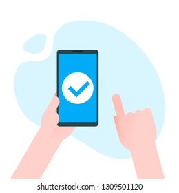 Check mark on smartphone screen. Hand holds smartphone and finger touches screen. Modern Flat design illustration. Abstract modern shape design background.