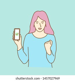 Check mark on smartphone screen. Hand holding smart phone with green checkmark. Finger touching screen. Modern flat design. Vector illustration
