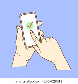 Check mark on smartphone screen. Hand holding smart phone with green checkmark. Finger touching screen. Modern flat design. Vector illustration