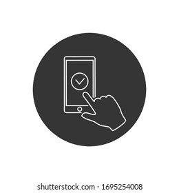 Check mark on smartphone screen. Hand holds the smartphone and finger touches screen. Flat design illustration line con