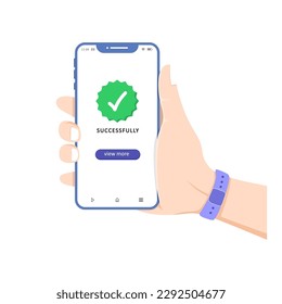 Marque la marca en la pantalla del smartphone. Mano mantiene el teléfono móvil con el icono de marca de verificación verde. Diseño moderno y plano. Ilustración del vector