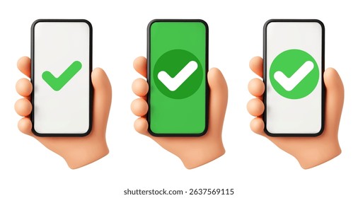 Check mark on smartphone screen. 3D hand holds phone with green tick icon, success, confirmation and approval sign. Cellphone payment realistic 3D soft render vector concept.