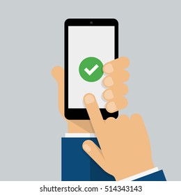Marcar en la pantalla del teléfono inteligente. Mano sosteniendo un teléfono inteligente. Dedo en la pantalla del dispositivo móvil. Diseño moderno y creativo.