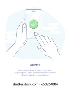 Check mark on Smart-phone screen. Hand holding phone. Finger on mobile device screen. Approve, Done or Success. Trendy Isolated vector illustration.