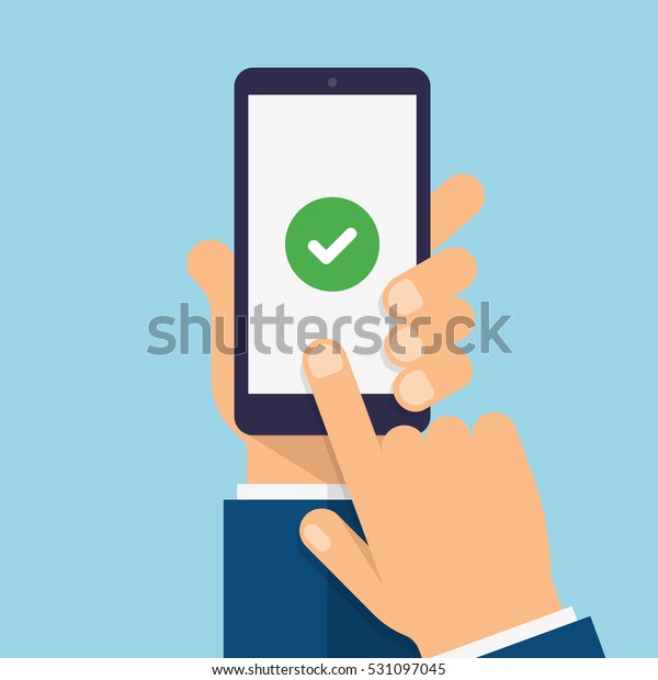 スマートフォンの画面でチェックマークを付けます スマートフォンを手で持ち 指で画面に触れる モダンフラットデザインイラスト のベクター画像素材 ロイヤリティフリー