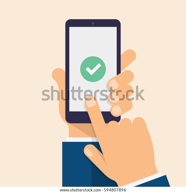 スマートフォンの画面でチェックマークを付けます スマートフォンを持つ手 モバイルデバイスの画面に指を置く モダンな平らなベクターイラスト のベクター画像素材 ロイヤリティフリー