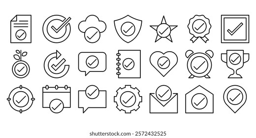 Check mark outline icon set isolated on white background vector illustration