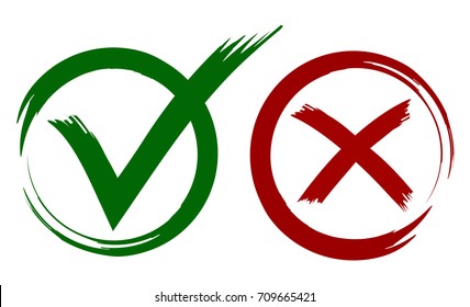 Check Mark Painted with Brush in Red and Green Colors. Circle Shape Grunge Style Design. Vector Set