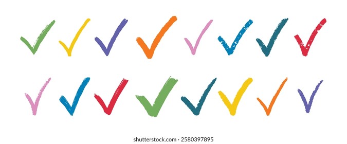 check mark pastel textured doodle hand drawn checkmarks element colorful doodle hand drawn icon set. Check mark line clipart symbol bright colors. Vector illustration