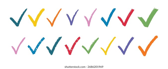 Marca de verificación Doodle texturizado a mano dibujado elemento de marcas de verificación Doodle colorido dibujado a mano conjunto de iconos. Marca de verificación Clipart de línea de colores brillantes. Ilustración vectorial