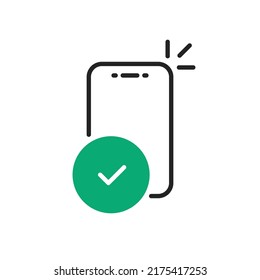 check mark with phone icon like apply now or confirm. flat trend modern logotype graphic web outline design element isolated on white. concept of electronic wallet or ewallet easy transaction sign