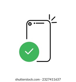 check mark with phone icon like apply now or confirm. flat trend modern logotype graphic web outline design element isolated on white.