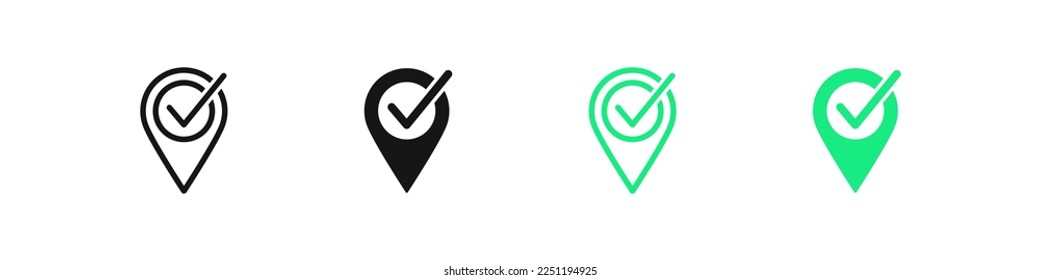 Check mark pin icon. Location geo point symbol. Correct local signs. Right marker symbols. Mission complete icons. Black and green color. Vector isolated sign.