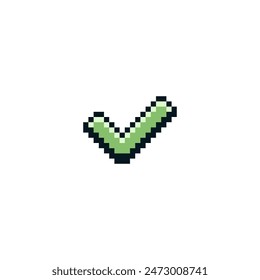 Check mark pixel art icon, done, isolated vector illustration. Design for stickers, logo, web and mobile app.