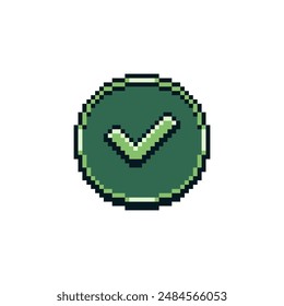 Check mark pixel art icon, done, isolated vector illustration. Design for stickers, logo, web and mobile app.	
