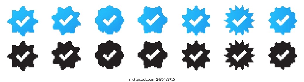 Marca el icono de pixel art. Marca azul. Iconos de verificación de Cuenta de medios sociales. Marca de verificación aprobada con símbolo de marca.