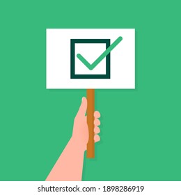 Check mark placard hand, great design for any purposes. Background vector illustration. Web design.