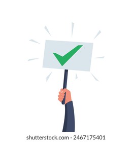 Marca de verificación en el hombre de la mano. Símbolo de Aprobación. Anuncio en la mano humana. Diseño plano de Ilustración vectorial. Aislado sobre un fondo blanco.