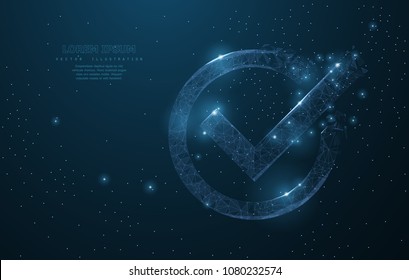 Check mark. Polygonal wireframe mesh looks like constellation on dark blue night sky with dots and stars. Check, vote, questionnaire concept illustration or background