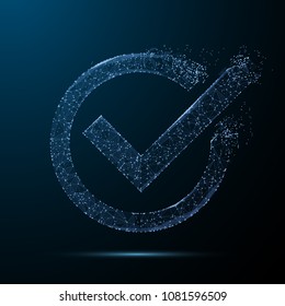 Marcar. Malla poligonal de armazón en el cielo azul oscuro de la noche con puntos y estrellas. Comprobación, votación, cuestionario, ilustración conceptual o fondo