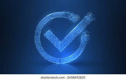 Marca de verificación. Malla de alambre poligonal en el cielo nocturno azul oscuro con puntos y estrellas. Cheque, voto, ilustración de concepto de cuestionario o fondo