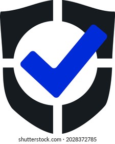 Marca de verificación, protección correcta. Un icono simple. Un escudo negro con una marca de verificación azul. El estilo de la pegatina en un fondo blanco.