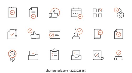 Marca de verificación, icono de línea de control de calidad. Apruebe el signo, el icono de trazo editable de la marca de cuarentena de negocio. El documento confirma la ilustración vectorial.