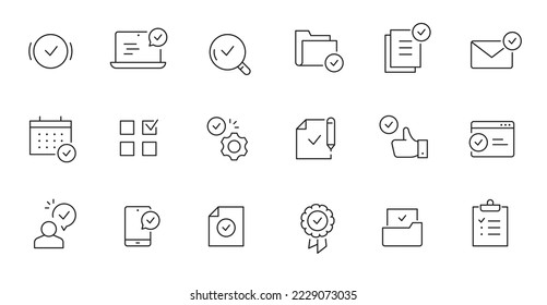 Check mark, quality control line icon. Approve sign, business quarantee mark outline editable stroke icon. Document confirm vector illustration.