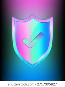 Marca de verificación, escudo del arco iris Trofeo brillante realista con el emblema de la protección del icono de la garrapata, premio real brillante aprobado de la etiqueta Ilustración del diseño del Vector en el fondo del gradiente